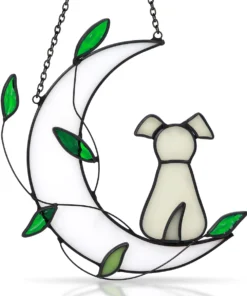 Stained Glass Window Hanging Suncatcher, Moon With Leaf Suncatcher, Real Glass Window Hanging Ornament, Handcrafted Home Decor Memorial Gift For Lover Dog Loss (white Dog)